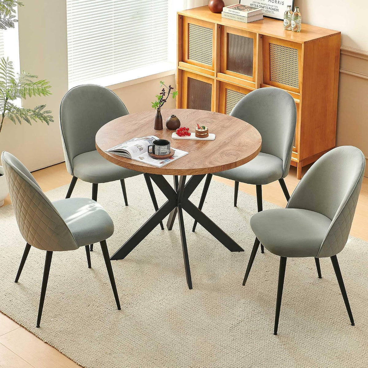 Homedot Dining Table Set for 4, Modern Mid-Century Compact Kitchen Table with Chairs Set, 37-in Round Breakfast Nook Dinner Table Set with Upholstered Dining Side Chairs for Dining Room, Grey