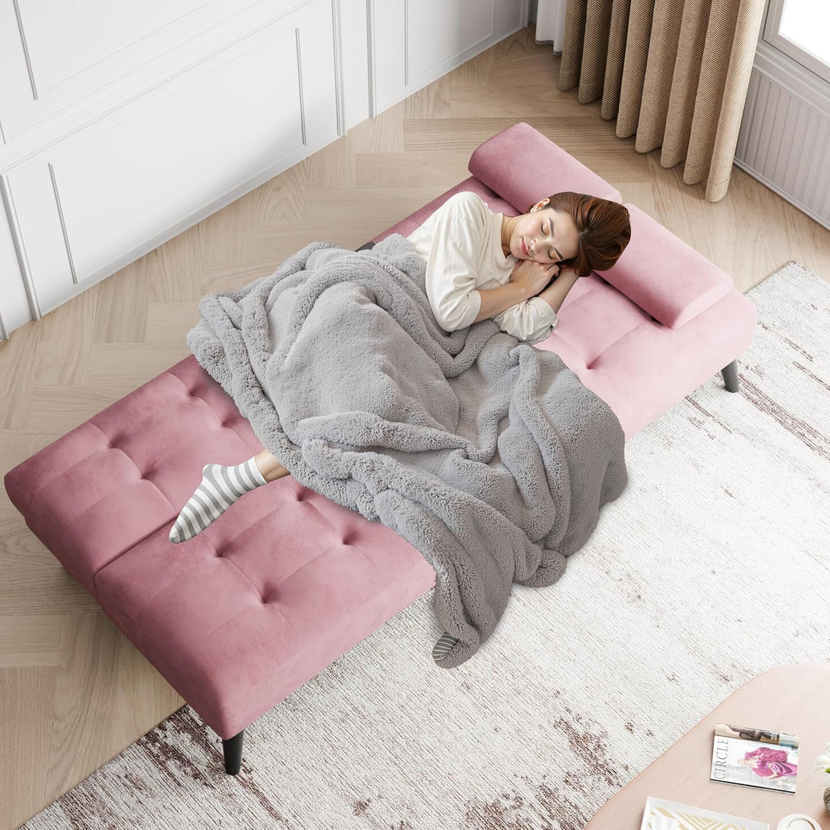 JAMFLY Futon Sofa Bed, 64" Small Futon Couch with Adjustable Backrest, 3-Angle Recliner, Detachable Armrests with Cup Holders for Small Spaces (Pink Velvet)