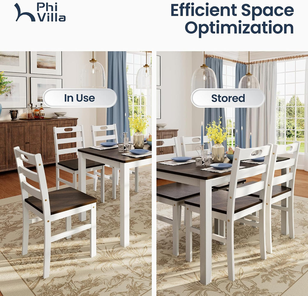 PHI VILLA Dining Table Set for 4, Solid Wood Kitchen Table and Chairs | Solid Rubber Wood, Space Saving, Farmhouse Design, Easy Assembly, Small Kitchen Table Set for Apartment, Black Walnut&Wihte
