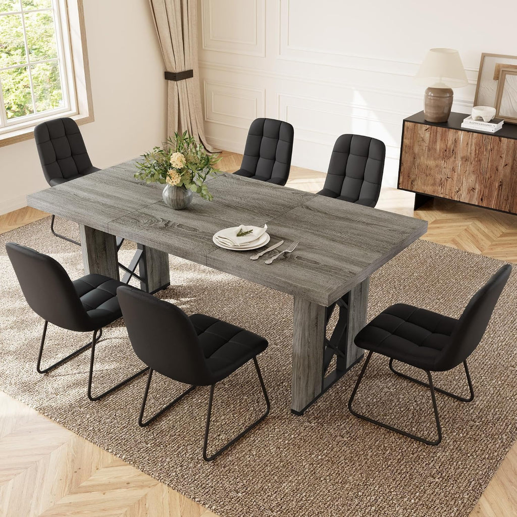 HIPIHOM 7-Piece Dining Table Set for 6, Grey Table with 6 PU Black Chairs | Thick MDF Tabletop, Rectangle Kitchen Table Set with Metal Legs for Breakfast Nook, Dining Room, Kitchen, Apartment