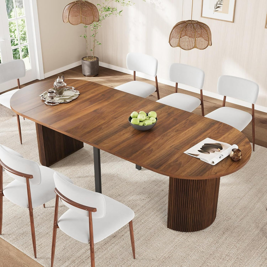 weselon 42"-105" Extendable Dining Table for 4-12, Expandable Oval Dining Room Table with Fluted Pedestal Base & Reinforced Metal Support Leg, Large Modern Kitchen Table for Dining Room (Walnut)