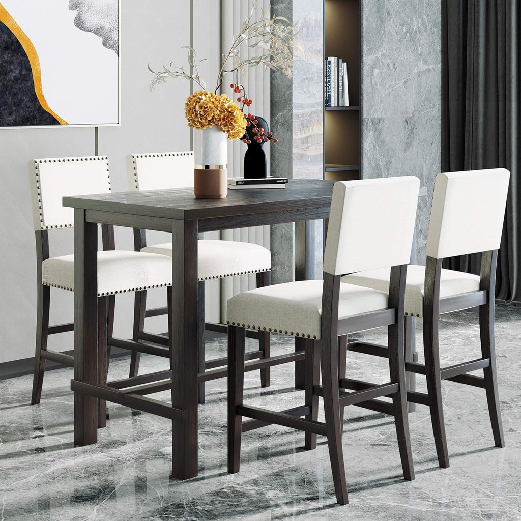 Merax 5 Pieces Counter Height Dining Set, Elegant Wooden Desk and 4 Upholstered Chairs, Perfect for Kitchen, Breakfast Nook, Bar, Living Room