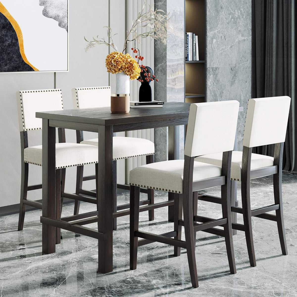 Merax 5 Pieces Counter Height Dining Set, Elegant Wooden Desk and 4 Upholstered Chairs, Perfect for Kitchen, Breakfast Nook, Bar, Living Room