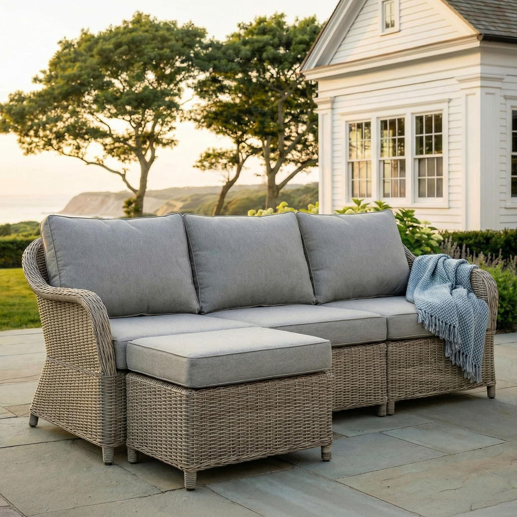 Martha Stewart Lily Pond Rattan Wicker Indoor-Outdoor Patio Ottoman in Weathered Gray with 4" Gray Olefin Cushion, Steel Frame and Zippered Removable Cushion Cover