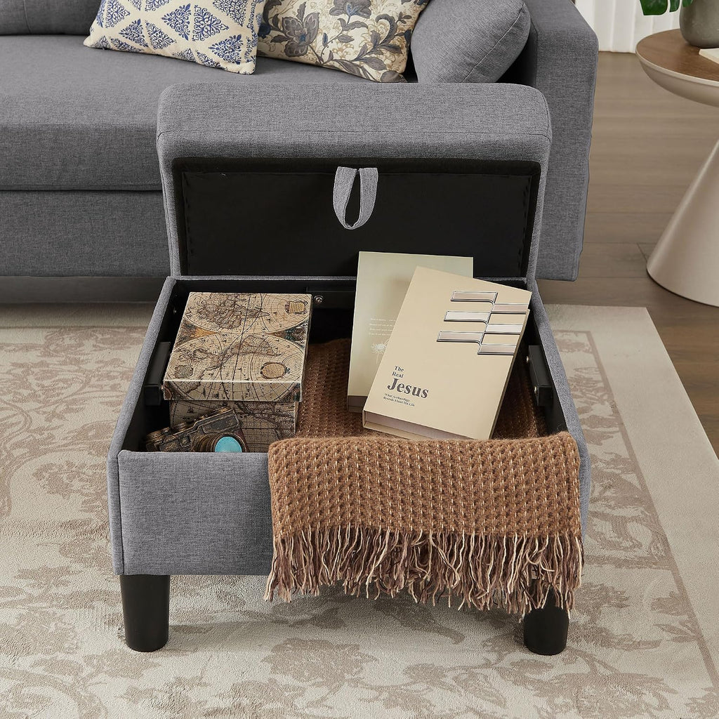 101" Convertible Sectional Sofa with Ottoman Coffee Table, Modern Linen Fabric U-Shaped Couch with Storage Pocket, 4 Seat Sofa Couches for Living Room, Apartment, Office, LightGrey