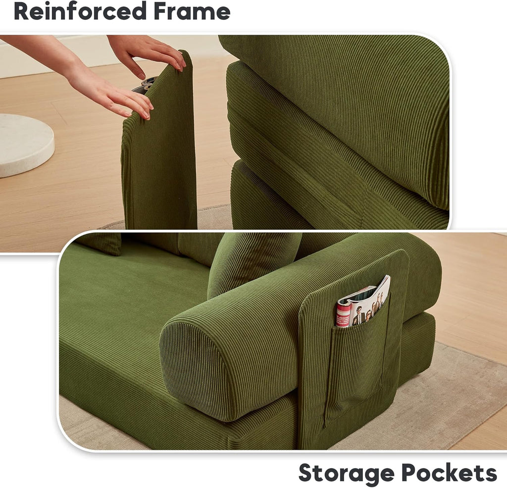 L Shaped Modular Sofa Bed with Cylindrical Pillow & Reversible Chaise, Corduroy Folding Floor Convertible Sofa Couch Bed with Fixed-Shape Frame & Storage Pocket for Living Room, Green