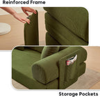 L Shaped Modular Sofa Bed with Cylindrical Pillow & Reversible Chaise, Corduroy Folding Floor Convertible Sofa Couch Bed with Fixed-Shape Frame & Storage Pocket for Living Room, Green
