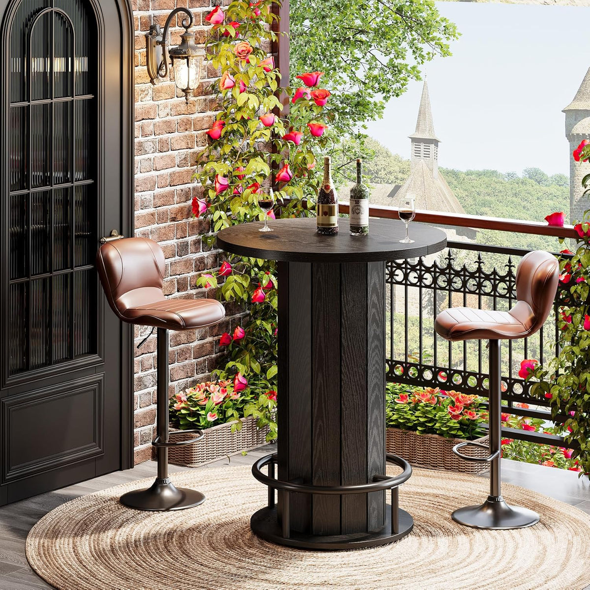 Tribesigns Round Bar Table, 39.4" H Wood Bistro Pub Table with Metal Ring Footrest for Dining Coffee Cocktail Living Room, Small Space, Black(Only Table)