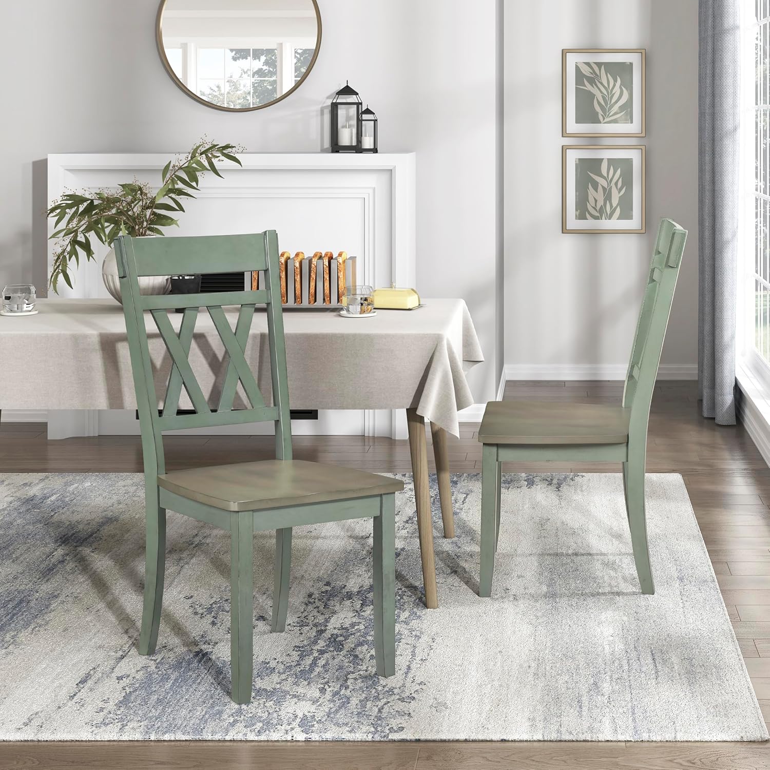 Lexicon Wood Dining Chair, Set of 2, Greywash/Antique Teal | Double Cross Back, Rustic Armless Chairs, Kitchen and Dining Room Furniture, Two-Tone Finish