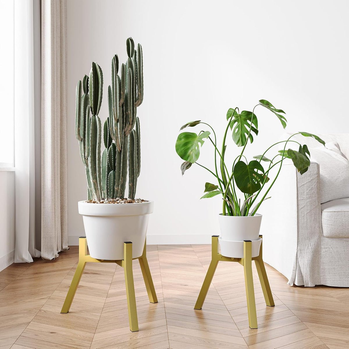 Adjustable Plant Stands Set of 2, Metal Modern Small Plant Holder, Heavy Duty Stable Flower Holder Stand Rack for 10-16 Inch Indoor Outdoor Corner Living Room Balcony Office Golden PS-007GY-2