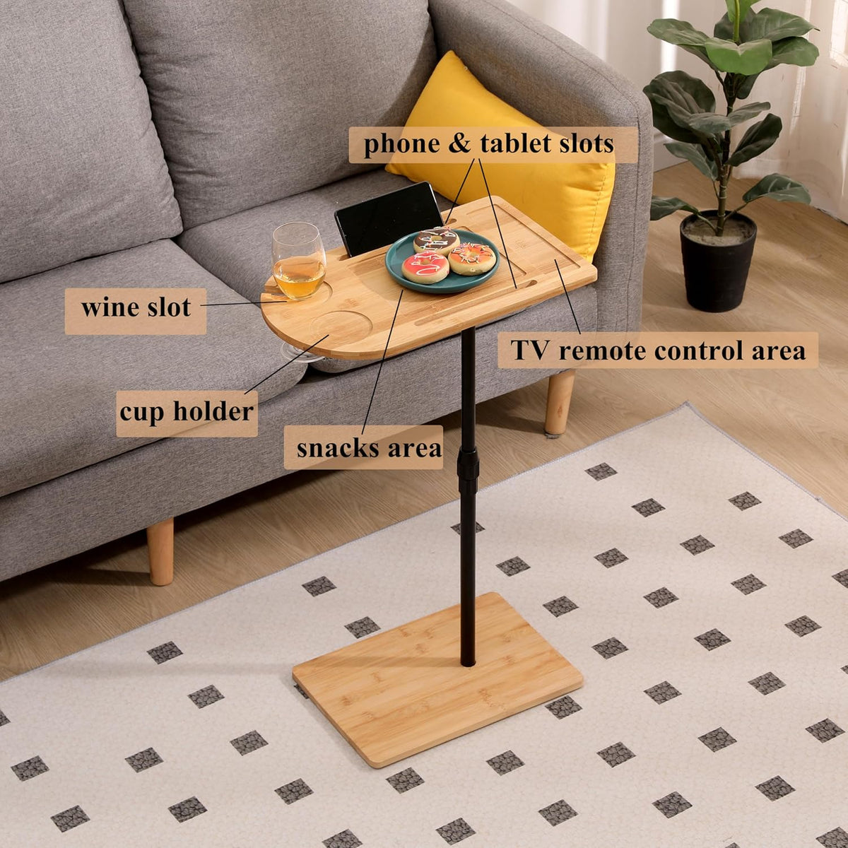 TV Tray Table C-Shaped Sofa Side Table with Slots, Adjustable Height & 360-degree Rotatabl, for Living Room Bedroom