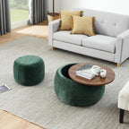 2Pcs Round Storage Ottoman, 2 in 1 Function, Work as End Table and Ottoman，Chenille Storage Ottoman with a Drum Shaped Small Stool Side Table for Living Room Bedroom Entryway Office (Green)