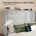 LARMACE King Size Bed Frame 54.2" Extra Tall Wingback Headboard, Lambswool Upholstered Platform Bed with Legs Featuring Built-in Charging Ports, Wood Slats, No Box Spring Needed,Light Grey