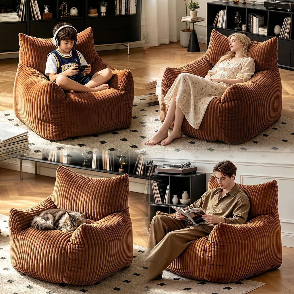 Giant Brown Bean Bag Chairs for Adults & Teens, Soft Corduroy Beanbag | 30 lbs Filler Foam| Armrests & Back Support| Vacuum-Compressed Lounge Chair| For Reading, Gaming, Bedroom, Living Room, Dorm