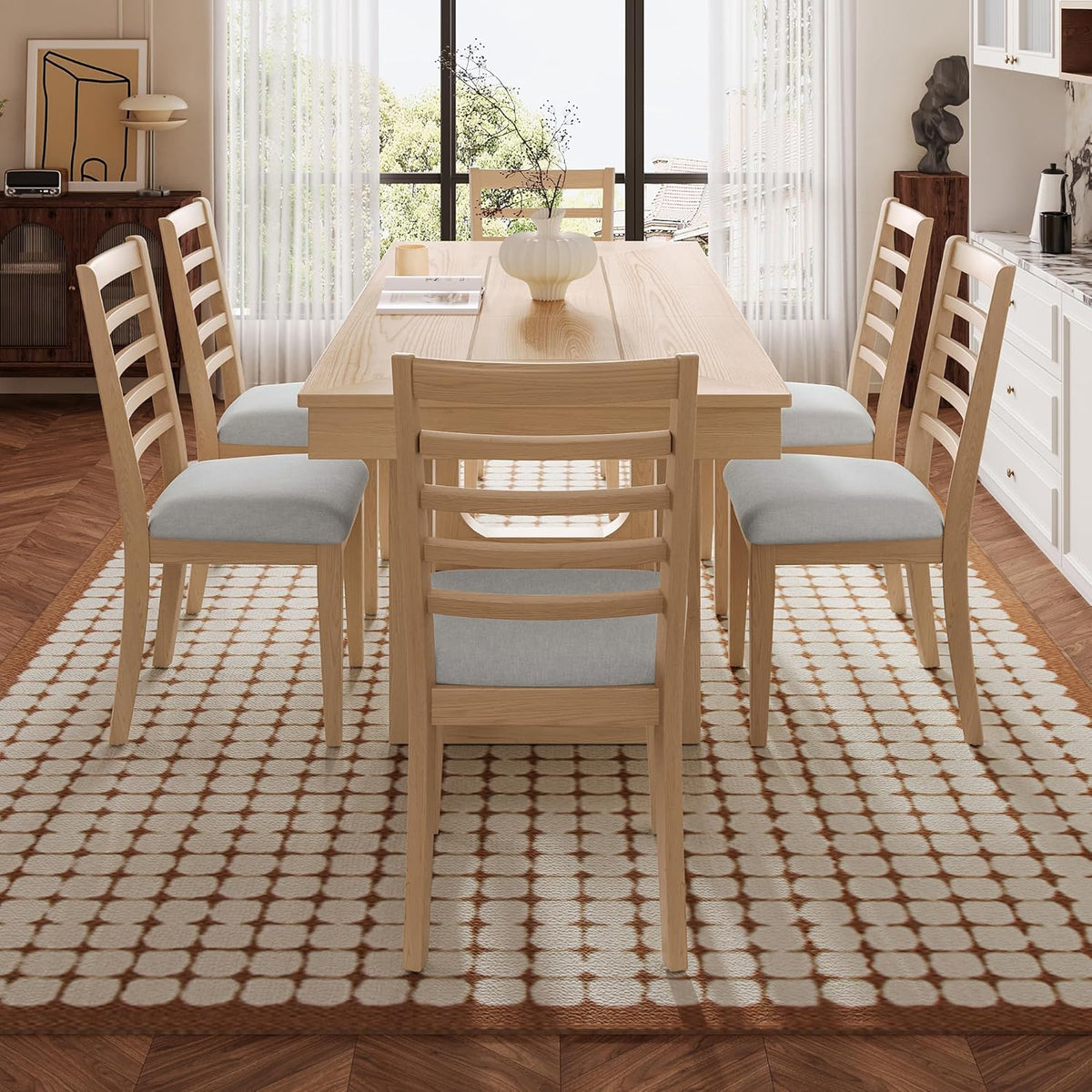 P PURLOVE 7 Piece Extendable Dining Table Set, Wooden Rustic Extendable Table with 18" Move Leaf and 6 piece Upholstered Chairs for Dining Room, Kitchen (Natural)