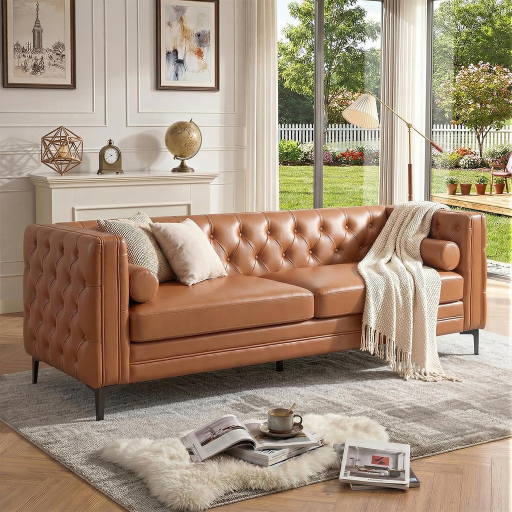 Luxanimarion Faux Leather Couch for Living Room, Mid-Century Modern Sofa with Button Tufting, Metal Legs and 2 Bolster Pillows, Comfortable Deep Seat for Apartment, Office, Caramel 1 PCS