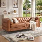 Luxanimarion Faux Leather Couch for Living Room, Mid-Century Modern Sofa with Button Tufting, Metal Legs and 2 Bolster Pillows, Comfortable Deep Seat for Apartment, Office, Caramel 1 PCS
