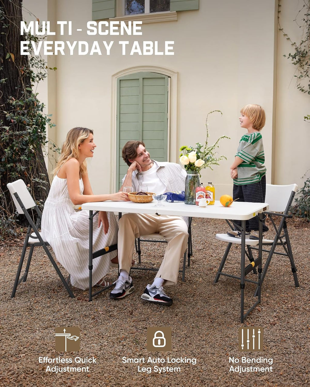 FanttikOutdoor Folding Table 4 Foot Quick Adjust Portable Plastic 4 Heights | Effortless Adjustable Height Small Card Table, Fixing Lock, Indoor Outdoor Use for Party Camping, 1 Pack White Zeta X4 Pro