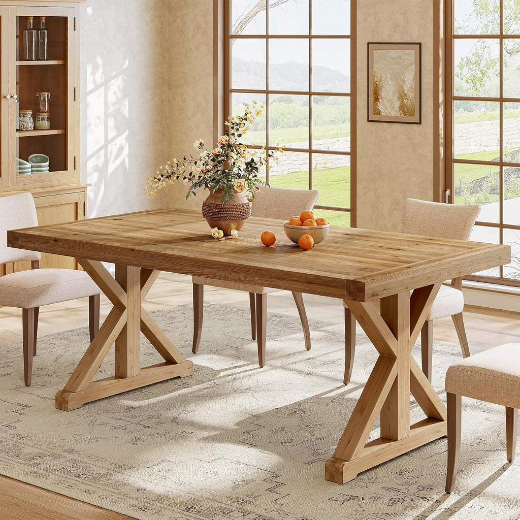 Solid Wood Dining Table for 4-6, 63-Inch Farmhouse Kitchen Table with Sturdy Legs, Wooden Rectangular Dinner Furniture for Kitchen, Dining Room, Light Brown
