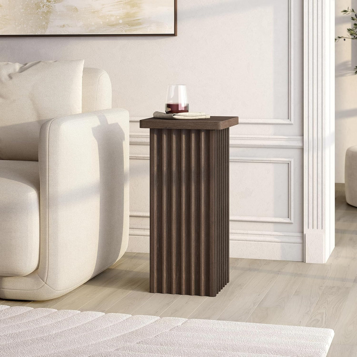 Henn&Hart 11" Fluted Modern Square End Table, Ribbed Side Table, Nightstand for Living Room, Office, Family Room, or Bedroom, Heritage Oak