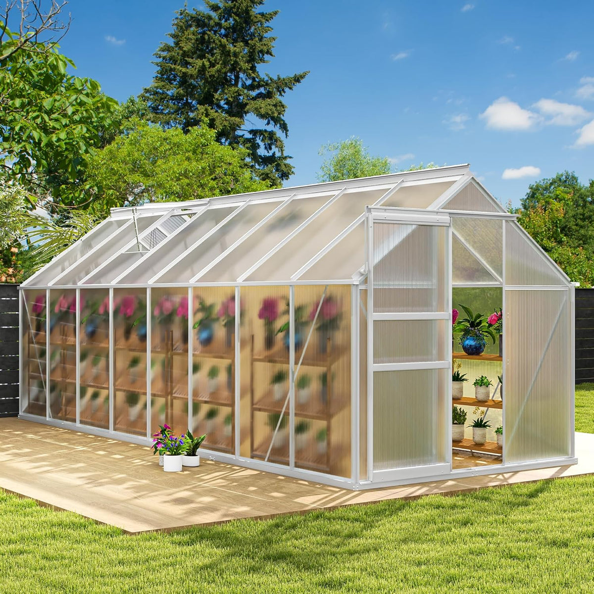 DWVO 6x16FT Polycarbonate Greenhouse Heavy Duty Green Houses Outdoor Aluminum Greenhouses with Sliding Doors Vent Window Walk-in Greenhouse Large Sun House for Garden Backyard, Matte Sliver