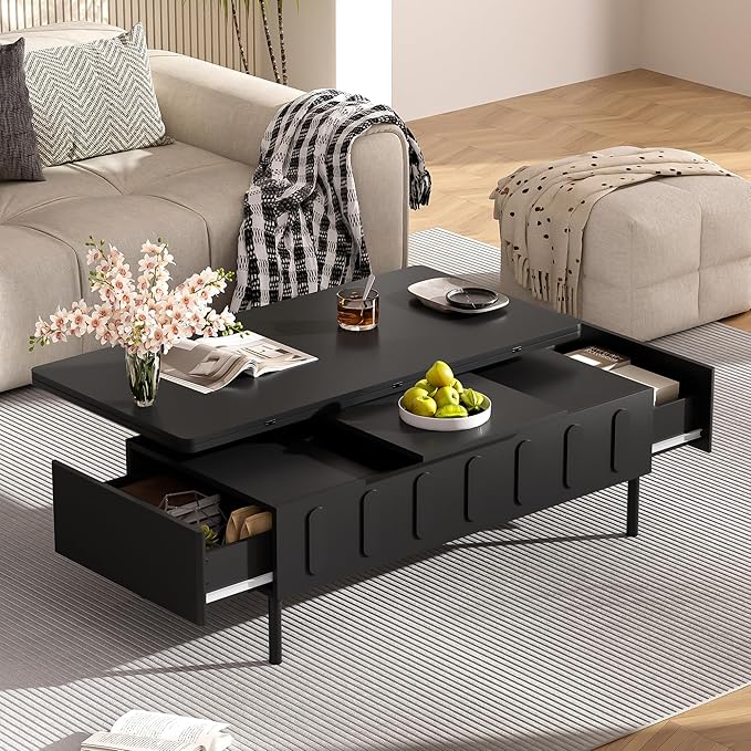 WILLIAMSPACE 43.3" Rectangular Lift-Top Coffee Table with 2 Drawers, Modern Center Table with Foldable Top, Multi-Functional Adjustable Dining Table with Storage Compartment for Living Room, Black