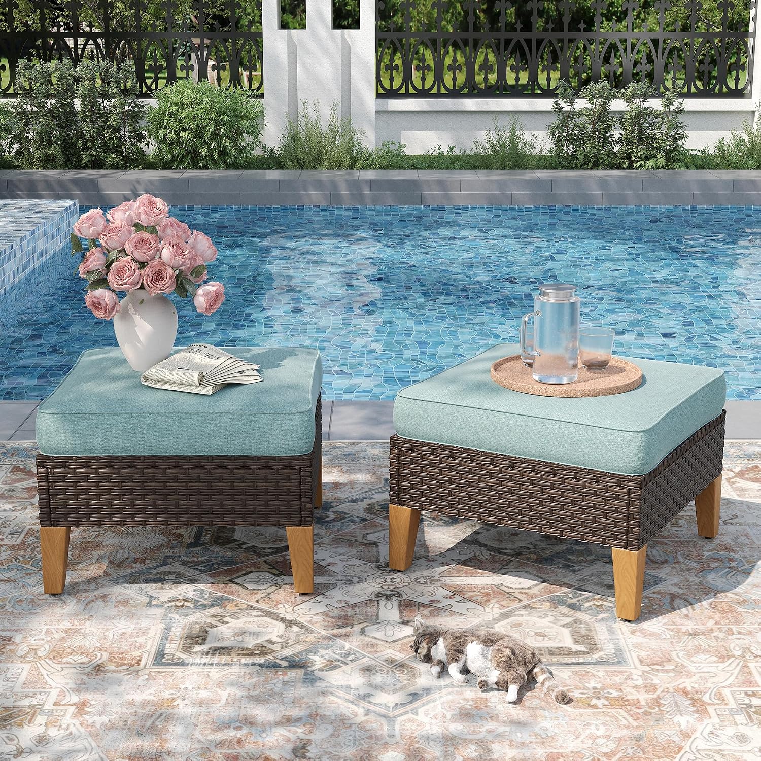 PHI VILLA 2 Pieces Patio Ottoman, All Weather Rattan Wicker Ottoman Seat, Outdoor Footstool Footrest Seat w/Removable Cushions, Aqua Blue