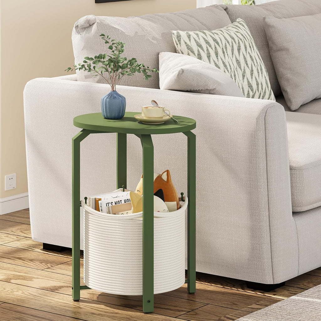 TUTOTAK Oval End Table with Woven Storage Basket, Olive Green Small Side Table for Living Room, Bedroom, TB01BOG093
