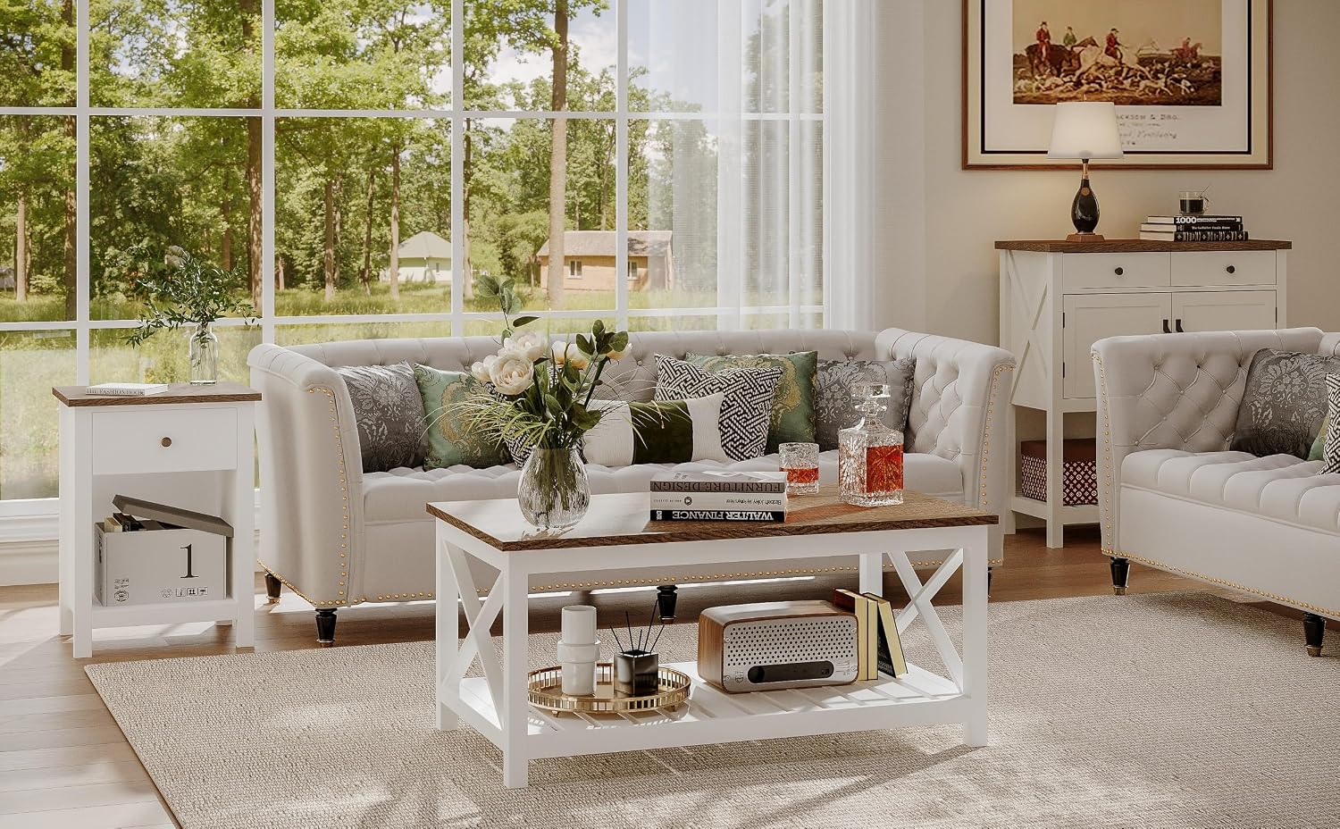 ChooChoo Farmhouse Nightstand with Charging Station | Wooden Top Bedside End Table with Drawer and Storage Space for Bedroom, White