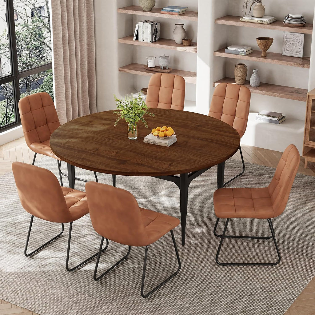 HIPIHOM Expandable Folding Dining Table Set, 55-Inch Round to Square Table with 6 Upholstered Chairs, Metal Frame, for Dining Room or Apartment (Round Table + 6 Brown Chairs)