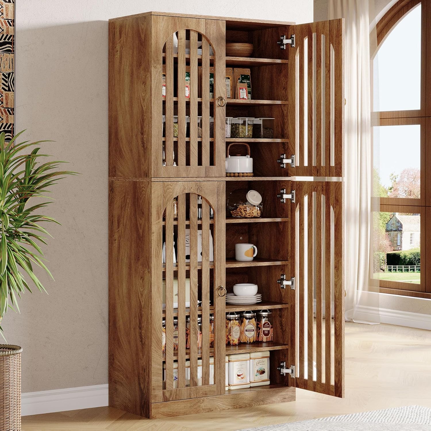 Tribesigns 70.86" Tall Kitchen Pantry Cabinet, Farmhouse Storage Cabinet with 4 Slatted Doors and 9 Storage Shelves, Rustic Wooden Cupboard for Kitchen, Dining Room, Living Room, Brown