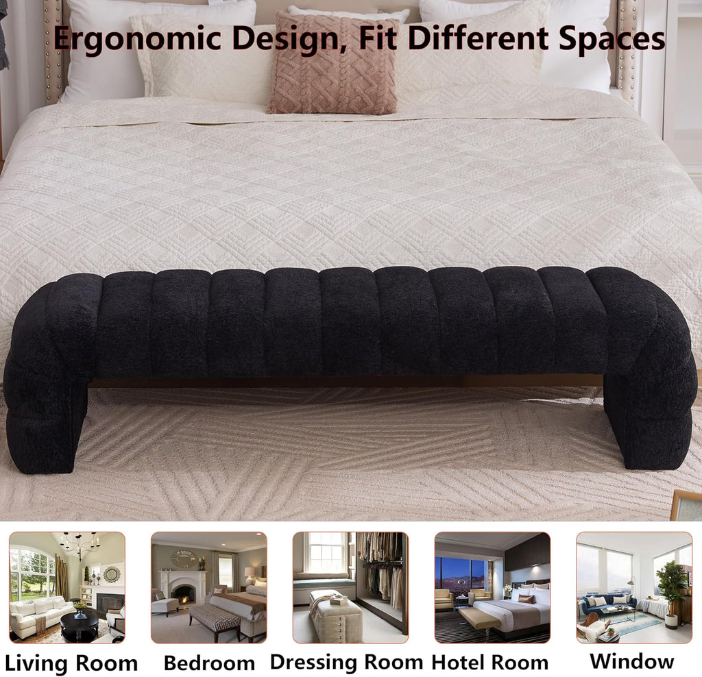 Arched Ottoman Bench for Bedroom Living Room,69.7" Chenille Long Benches for Bed End King Size,Modern Channel Tufted Seating Bench for Entryway,Window,Bedside (Black, 69.7")