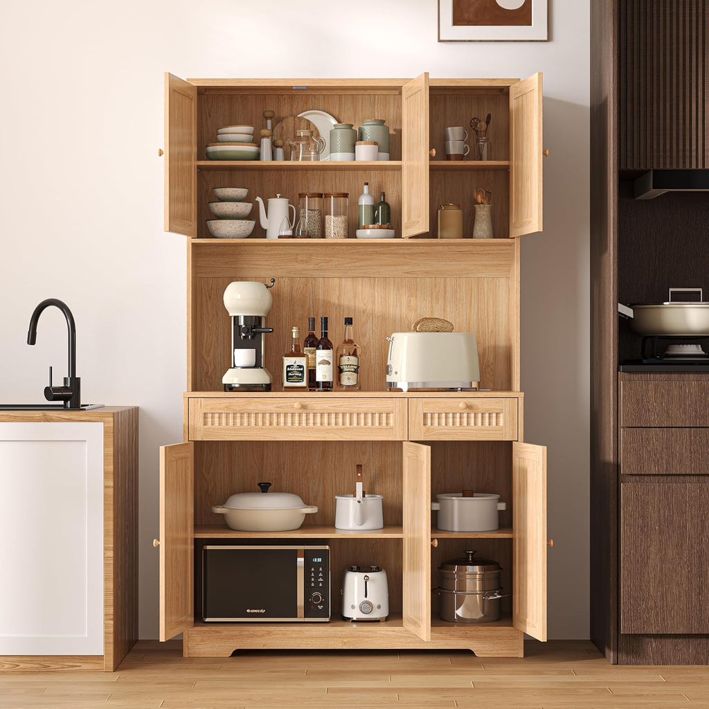 Pantry Storage Cabinet with Charging Station, Kitchen Storage with Adjustable Shelves, Food Pantry Cabinet with Coffee Bar Storage, Modern Kitchen Cupboard for Dining Room, Living Room, Oak