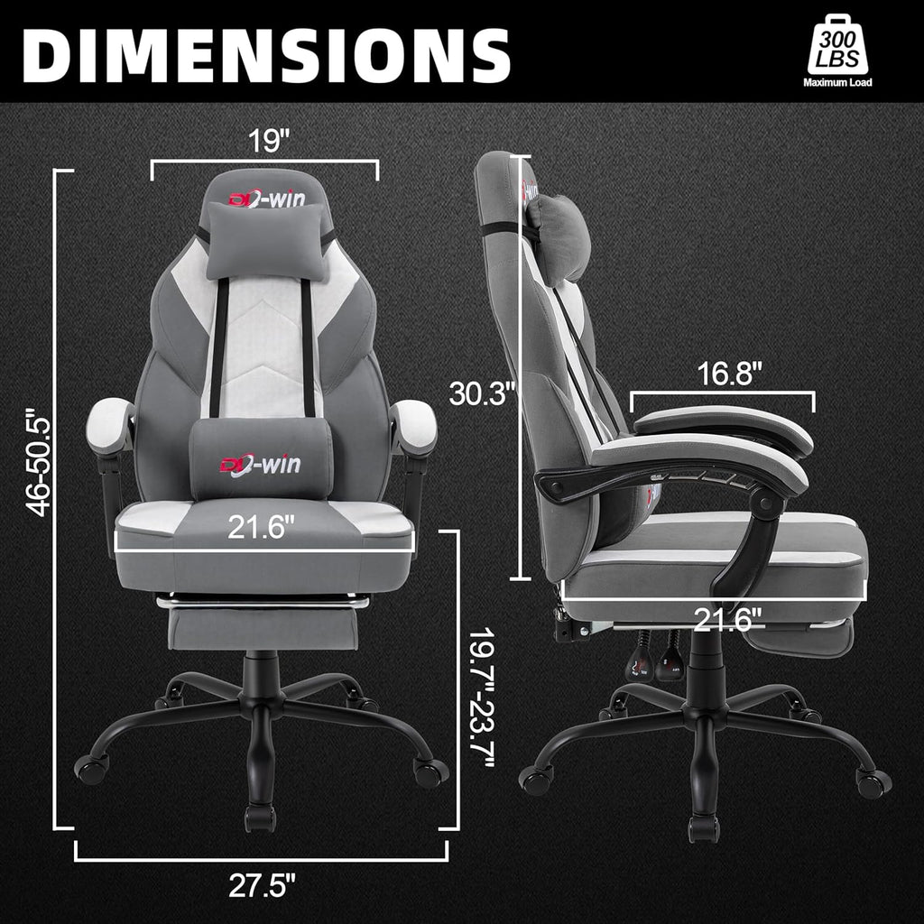 Shintenchi Big and Tall Gaming Chair Fabric Pocket Spring Cushion,High Back Recliner with Footrest and Headrest for Adults, Massage Lumbar Support for Home Office, Ergonomic Computer Desk Chair, Gray