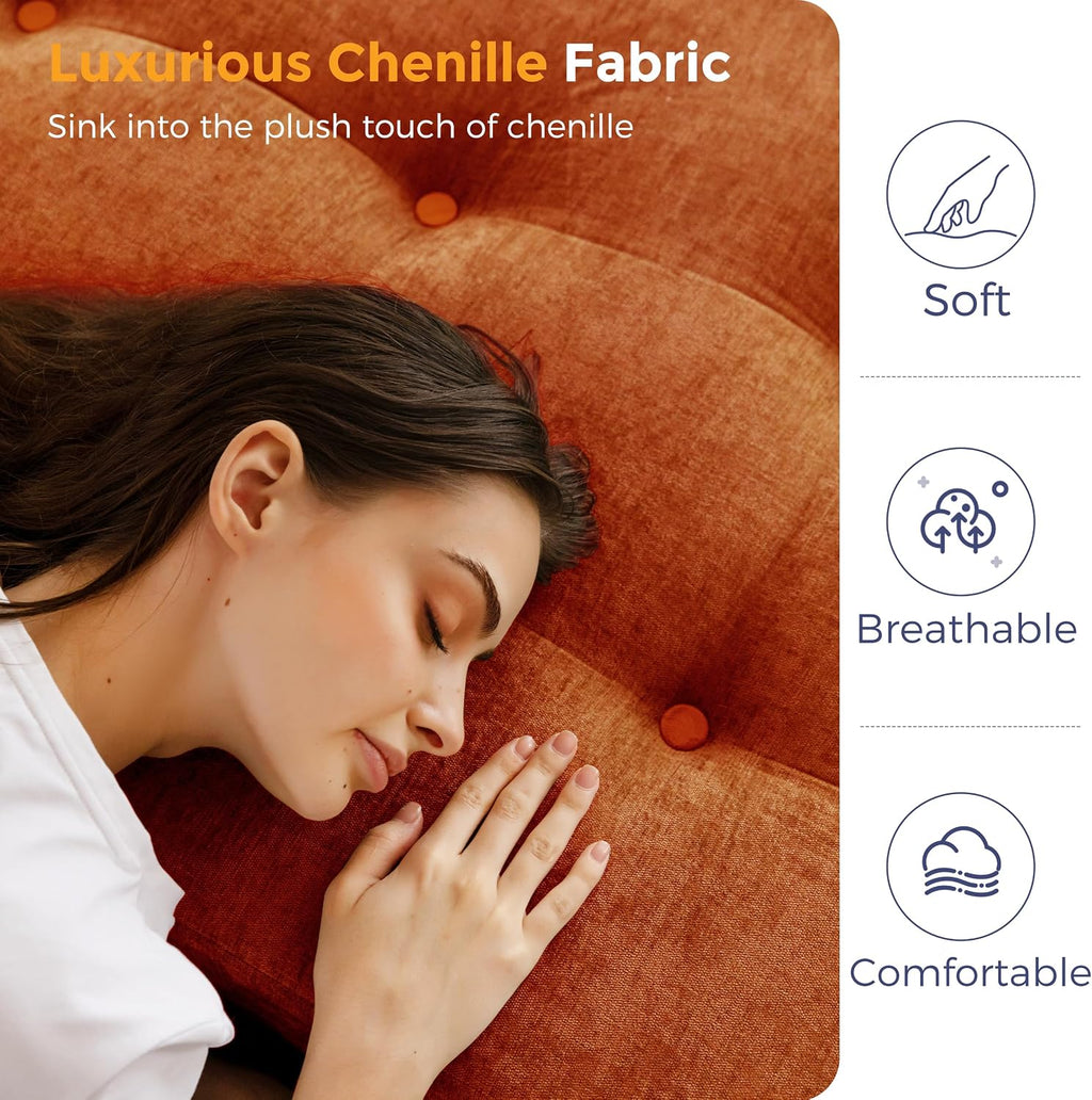 MAXYOYO 6" Folding Sofa Bed for Floor, Tufted Tri-Fold Floor Mattress | Full Size Portable Sofa Couch Guest Mat with Chenille Fabric for Adults, Foldable Topper for Camping, Orange, Full