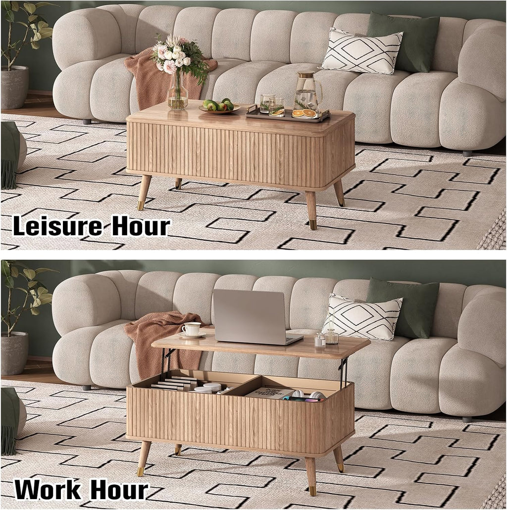 Lift Top Coffee Table with Storage, Mid Century Modern Coffee Table with Solid Wood Legs, 38" Minimalist Fluted Center Table for Living Room, Home Office, Natural Oak