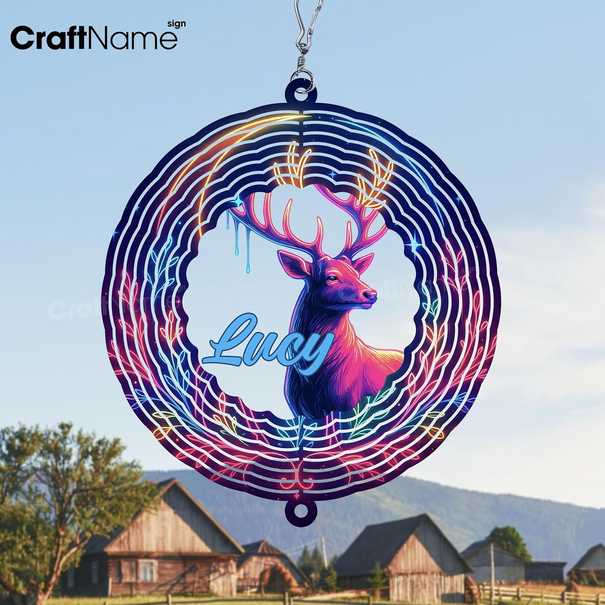 Personalized Deer Wind Spinner 3D Stainless Steel, Deer Garden Spinner Hanging Outdoor Decor, Wind Spinners Outdoor, Custom Gift for Grandmother, Mom, Wife