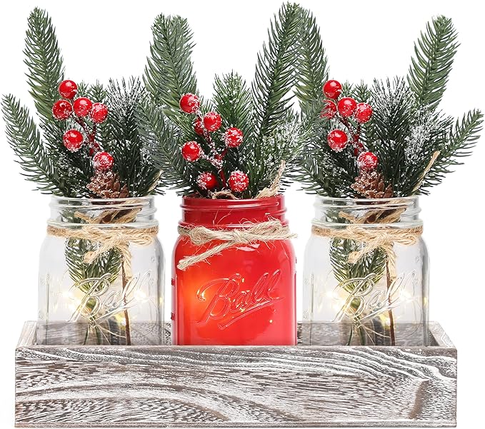 Christmas Mason Jars, Christmas Centerpiece Table Settings, Wood Tray with 3 Painted Jars, Dining Coffee Table Centerpiece, For Kitchen, Living Room, Red Mason Jar Decor with Flowers