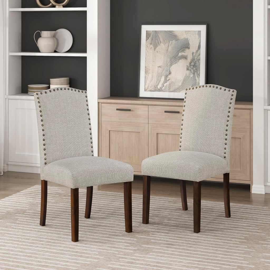 Lexicon Upholstered Dining Chairs Set of 2 - Soft Durable Fabric Armless Arched Back Kitchen Modern Dining Room Chairs for 2, Nailhead Trim Side, Brown Sturdy Wooden Frame, Easy Assembly, Taupe