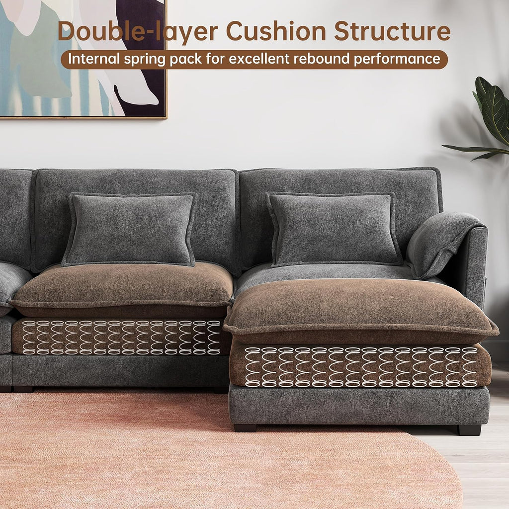 Modular Sectional Sofa, 111'' U Shaped Couch, Chenille Sofa with Movable Ottoman for Apartments, Living Room and Commercial Space, Dark Gray