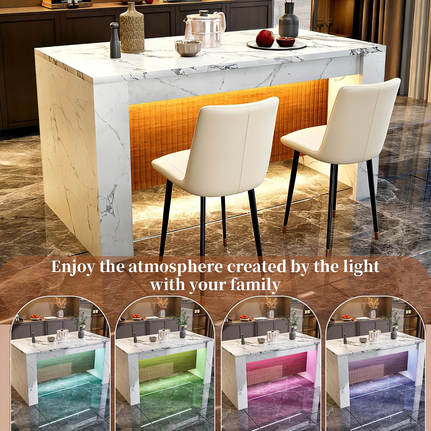 63"*35.4" Large Imitation Marble Dining Table, Mordern Bar Marble Stripes Kitchen Dining Table with Grille Design for 4 5 6 7 People, Island Table with LED Lights for Home Kitchen Living Room.