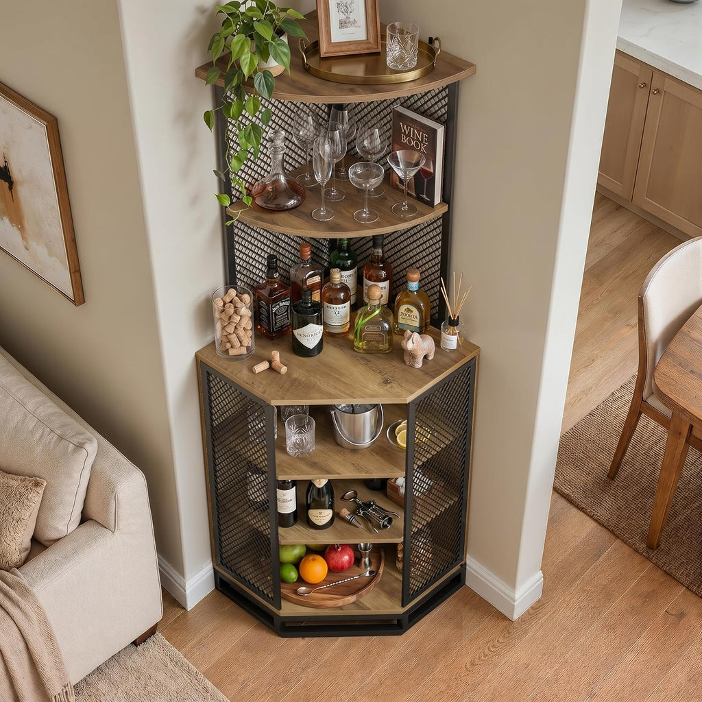 IBF 71 Inch Rustic Oak Farmhouse Tall Corner Bar Cabinet with Glass Holder | Sturdy 5-Tier Industrial Farmhouse Liquor Storage with Adjustble Shelf，Anti-Tipping Design for Home Kitchen Small Space