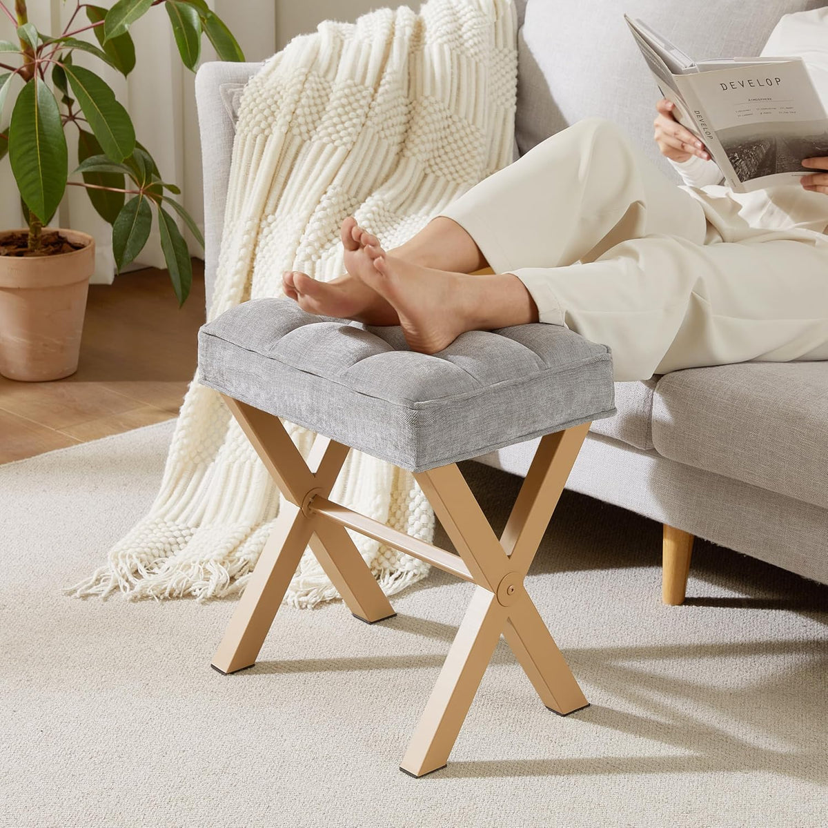 Royal Windsor Vanity Stool,Small Makeup Chair with Metal X Legs | Square Foot Stool,Modern Vanity Chair,Upholstered Vanity Seat for Entryway,Bedroom and Living Room,Light Grey+Yellow