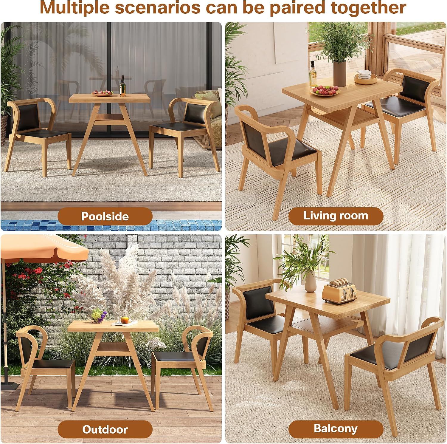 PADMA HOUSE Bistro Stacking Table Chair Set of 3, Wood Leather Dining Set | Black Kitchen Desk Chairs Set, Small Dining Table&Chair Set, Nesting Table Chair Set for Tavern Balcony Dining Indoor Patio