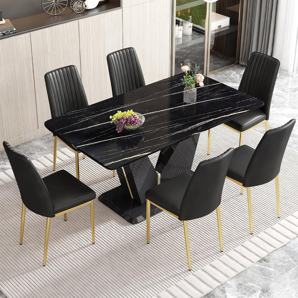 7 Pieces Modern Dining Table Set 63" Black Marble Dining Table Set for Rectangle Dining Room Table and 6 Black PU Leather Chairs for Kitchen, Office, Meeting Room, Restaurant