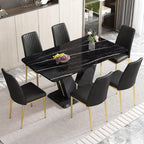 7 Pieces Modern Dining Table Set 63" Black Marble Dining Table Set for Rectangle Dining Room Table and 6 Black PU Leather Chairs for Kitchen, Office, Meeting Room, Restaurant