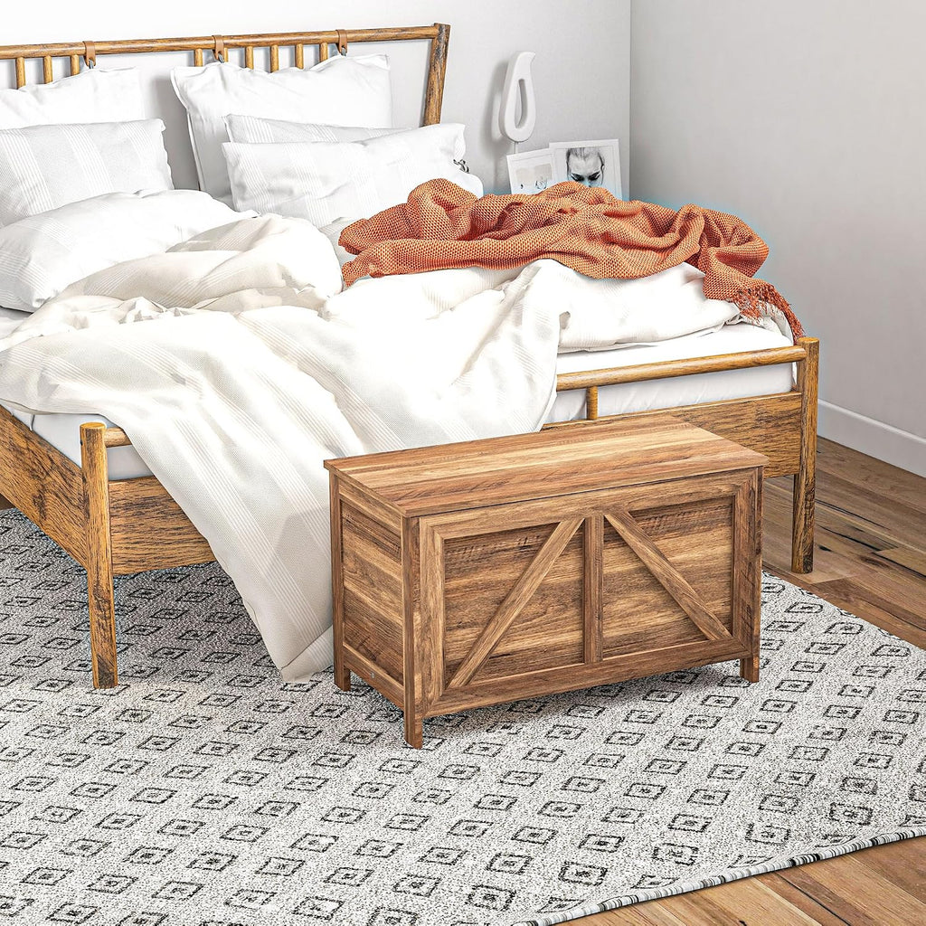 HOMCOM 30" Farmhouse Storage Bench Lift Top Storage Chest in Brown Oak | Safety Hinge, Open Up 100°, Wooden Trunk, Bedroom, Entryway, Living Room