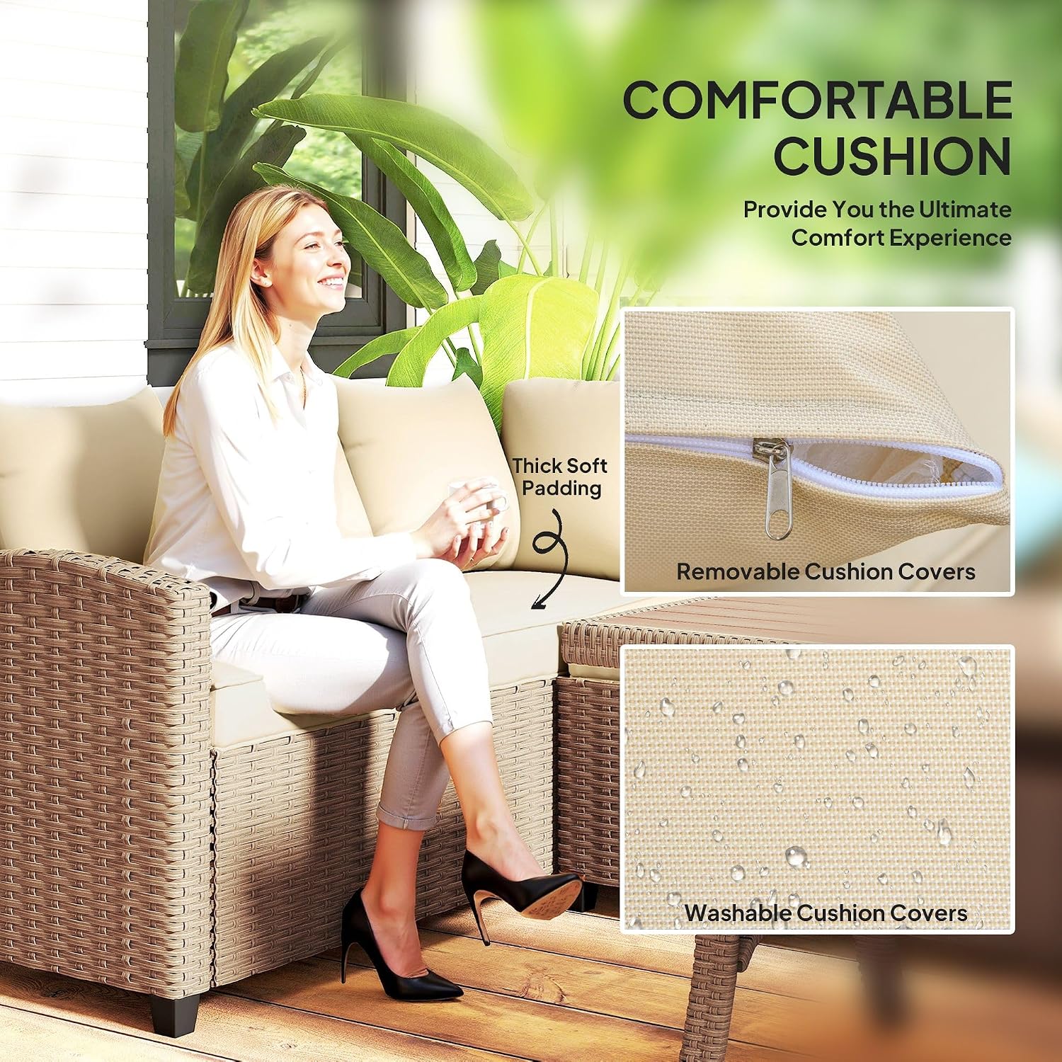 6-Piece PE Rattan Patio Set: 3 Sofas, 2 Ottomans, Coffee Table, Khaki Cushions & Blue Pillows, Steel FFor rame, All-Weather