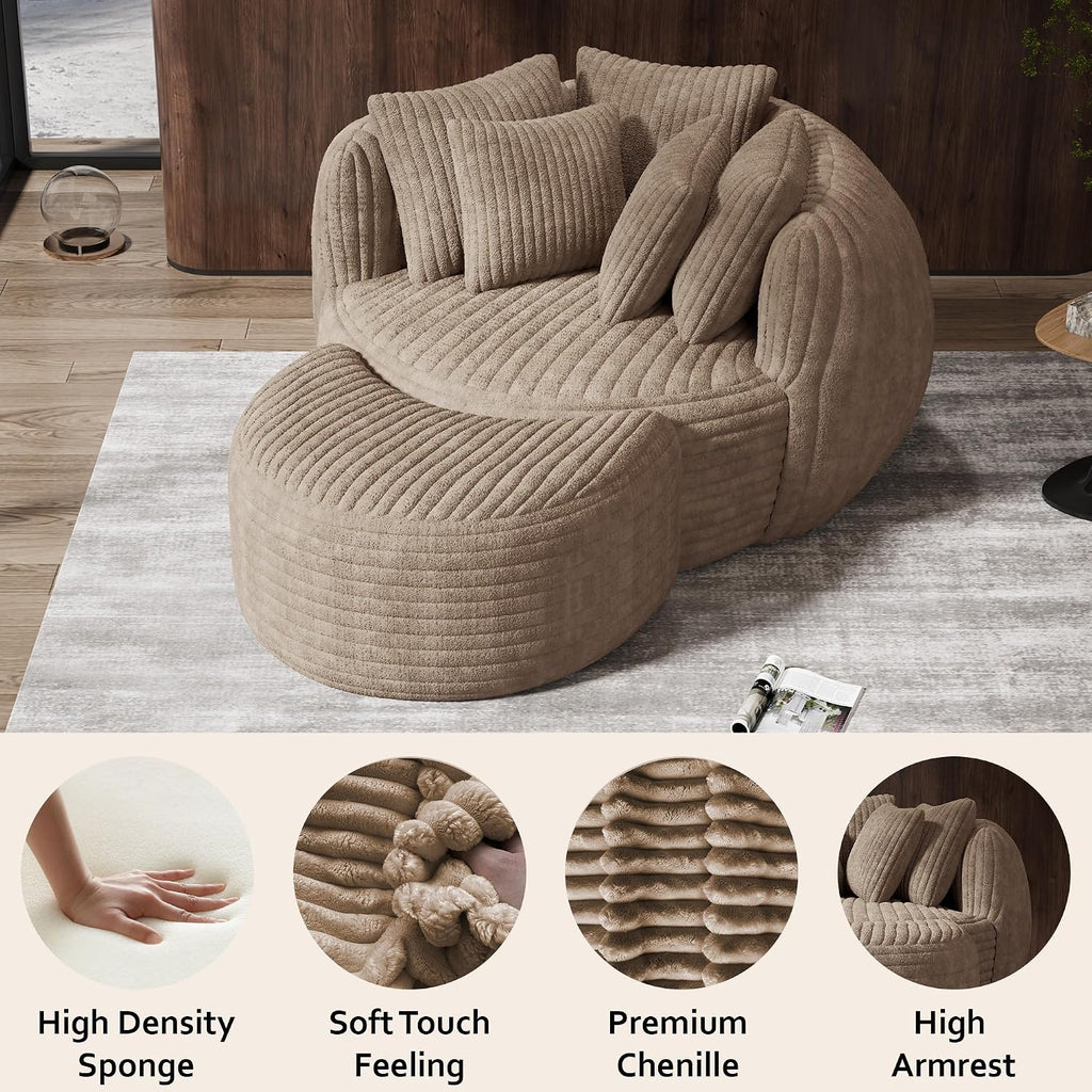 50.5" W x 67" D Oversized Chaise Lounge Chair with Ottoman,Light Camel | 38D Sponge,Round Reading Chair Luxury Plush Cloud Circle Sleeper for Living Room Bedroom, 5 Pillows,Corduroy