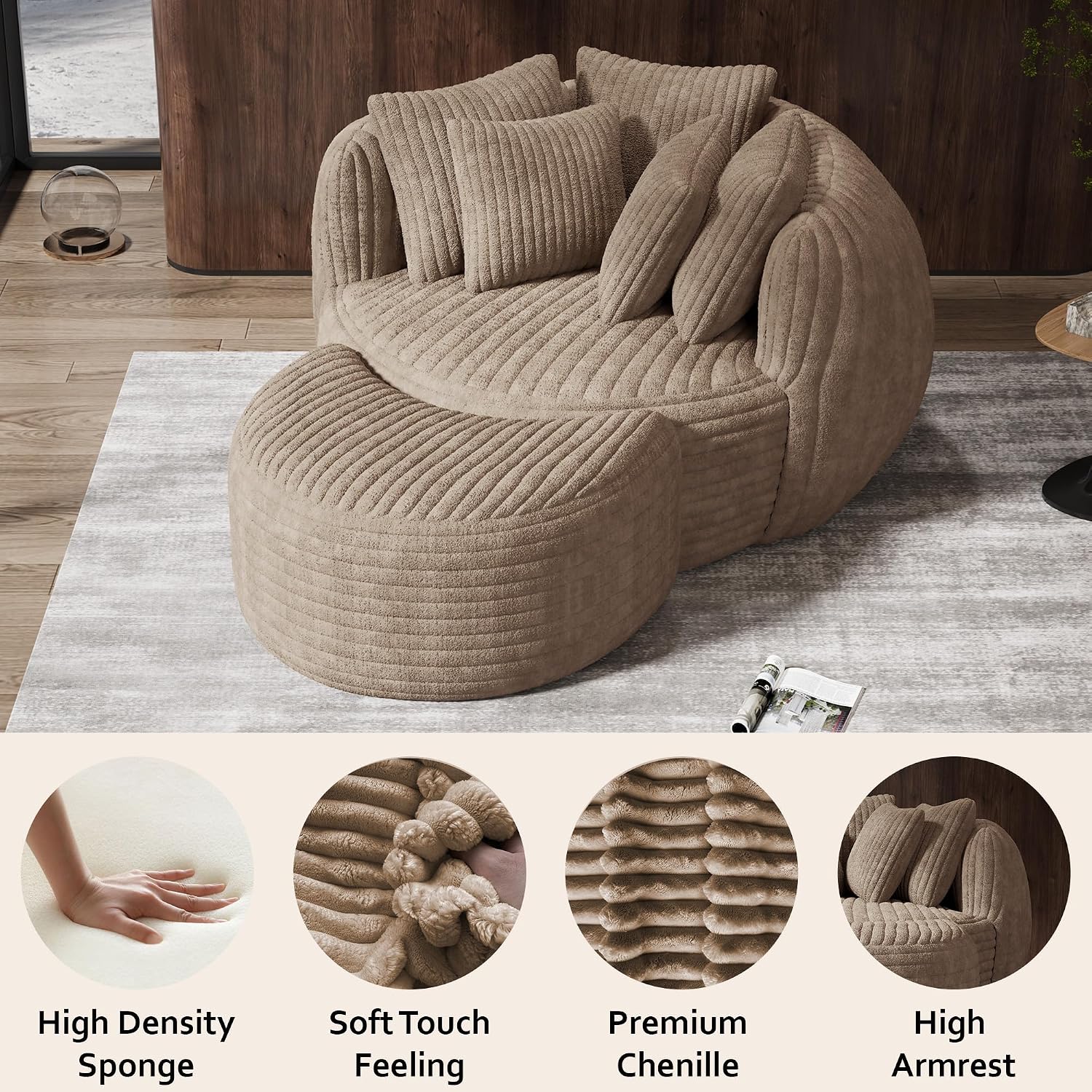 50.5" W x 67" D Oversized Chaise Lounge Chair with Ottoman,Light Camel | 38D Sponge,Round Reading Chair Luxury Plush Cloud Circle Sleeper for Living Room Bedroom, 5 Pillows,Corduroy